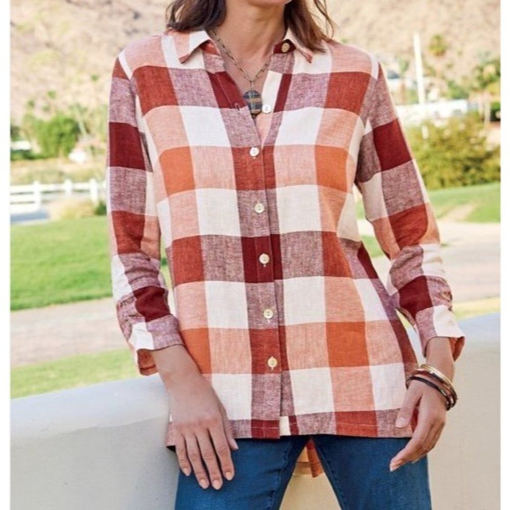 Soft Surroundings Carreaux Shirt Linen Blend Plaid Checker High Low Hem Zip Back